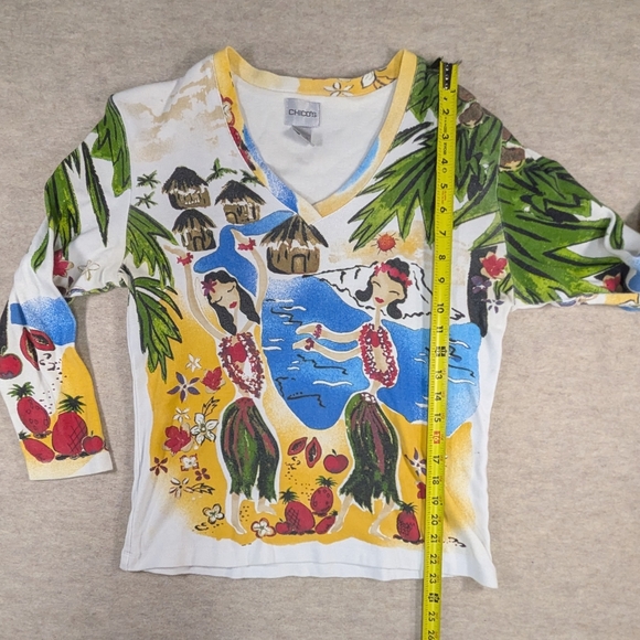 Chico's Tropical Hula Vintage Cotton Print V-Neck 3/4 Sleeves Fun!! Shirt Size L - Picture 4 of 9